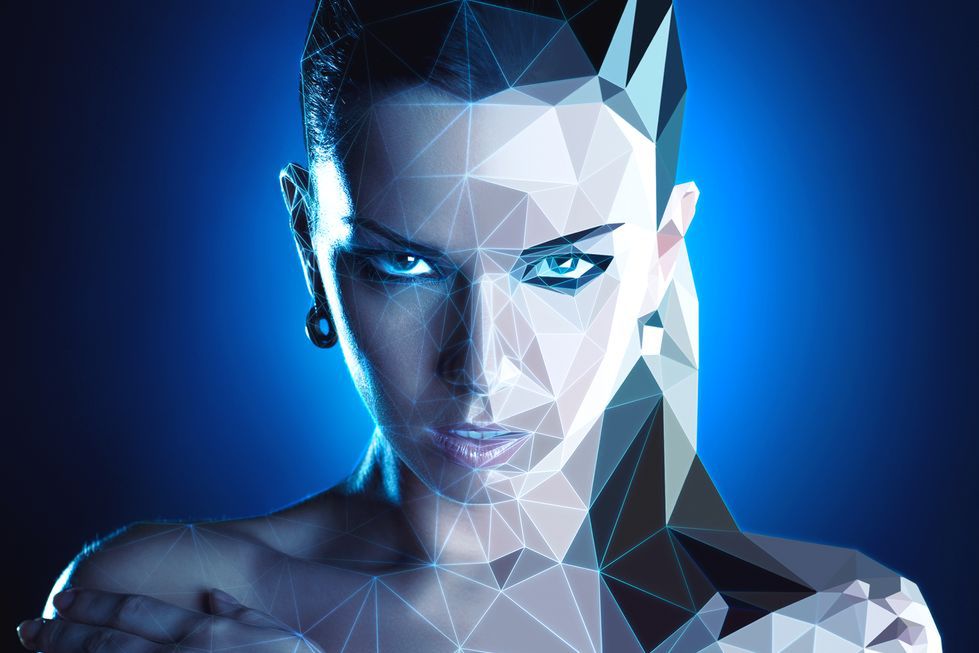 Zdjęcie Real woman digitizing to robot style painting pochodzi z serwisu Shutterstock
