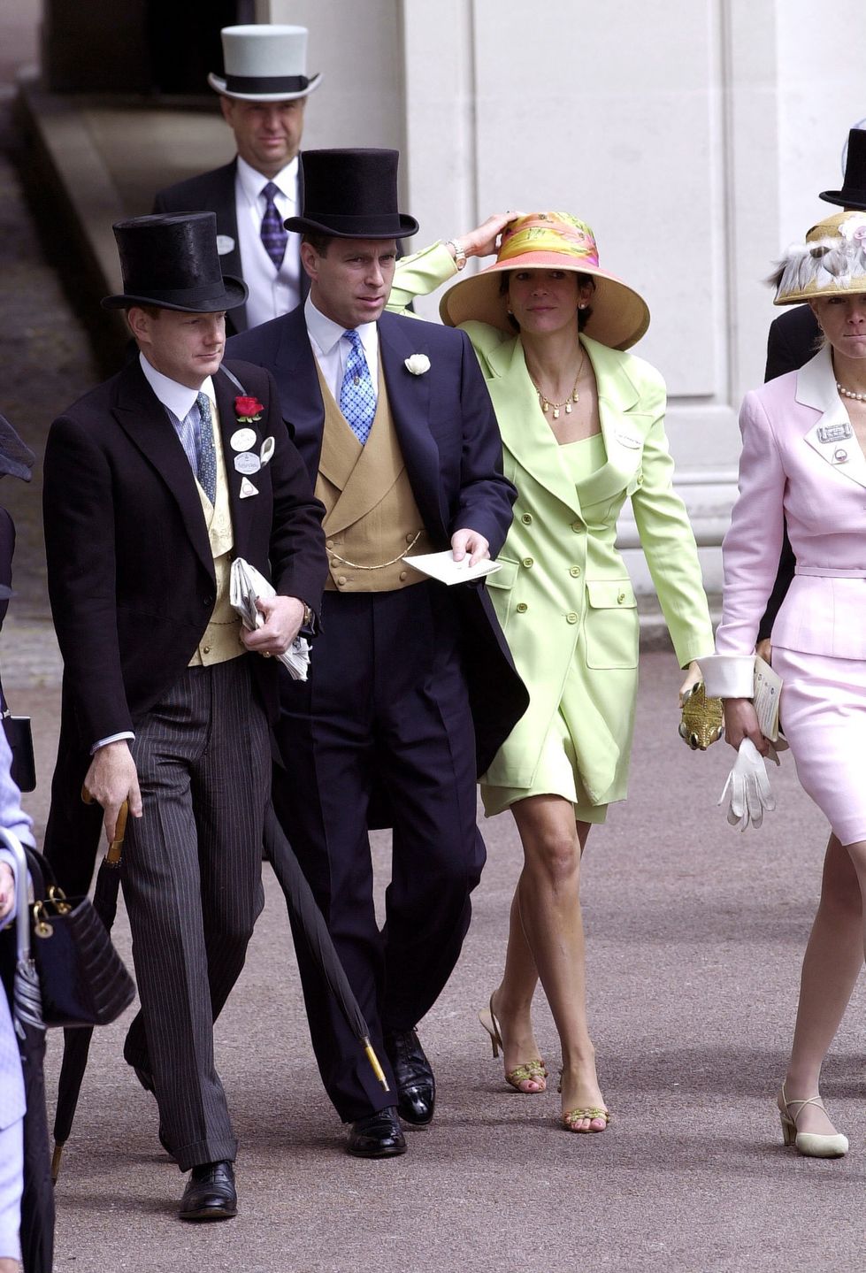 ASCOT, UNITED KINGDOM - JUNE 22: Royal Ascot Race Meeting Thursday - Ladies Day. Prince Andrew, Duke Of York and Ghislaine Maxwell At Ascot. With them are Edward (far left) and Caroline Stanley (far right), the Earl and Countess of Derby. (Photo by Tim Graham Photo Library via Getty Images)