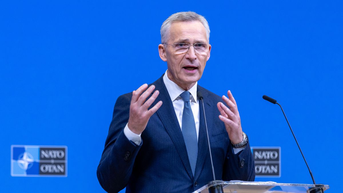 BRUSSELS, BELGIUM - APRIL 03: NATO Secretary General Jens Stoltenberg holds a press conference at the end of the first day of the NATO foreign ministers' meeting at the NATO headquarters on April 03, 2024 in Brussels, Belgium. The meeting of foreign ministers from NATO countries coincided with the 75th anniversary of the alliance's founding. (Photo by Omar Havana/Getty Images)
