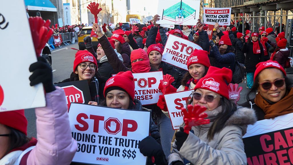 NYC Nurses Strike Starts After 15,000 Walk Out Of Hospitals
Nurses and supporters picket during a strike at Mount Sinai Hospital in New York, US, on Monday, Jan. 12, 2026. Thousands of nurses at three major hospitals in New York City began to strike on Monday, amid a severe flu season and broader pressures on the US healthcare system. Photographer: Michael Nagle/Bloomberg via Getty Images
Bloomberg
u.s., strike, medical staff, north american, health care, labor, labour, protests, strikes, nyc nurses strike, united states of america, labor dispute, strikes, american, u.s.a., nurses, nurses strike, us, americas, health