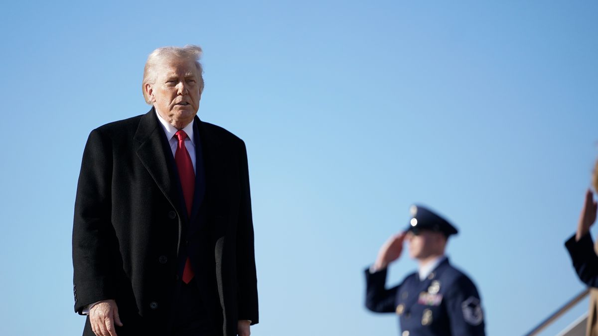 FORT BRAGG, NORTH CAROLINA - FEBRUARY 13: U.S. President Donald Trump prepares to speak with the media before boarding Air Force One at Pope Army Airfield after a visit to the Fort Bragg U.S. Army base on February 13, 2026 in Fort Bragg, North Carolina. Trump visited the base to honor special forces involved in the military operation in Venezuela in early 2026. (Photo by Nathan Howard/Getty Images)