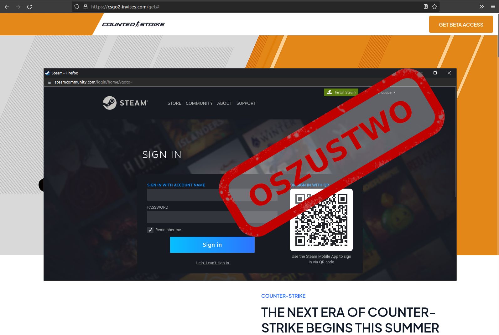 Fałszywe okno logowania do Steama