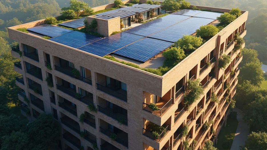 Large brick building with solar panels installed on roof. Renewable energy technology provides electricity. Green trees surround house. Eco friendly alternative, power generation. Environmentally