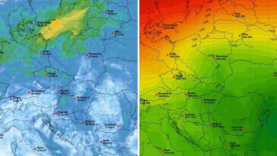Pogoda. Im bardziej na północ tym silniejszy wiatr (po lewej) i wyższe ciśnienie