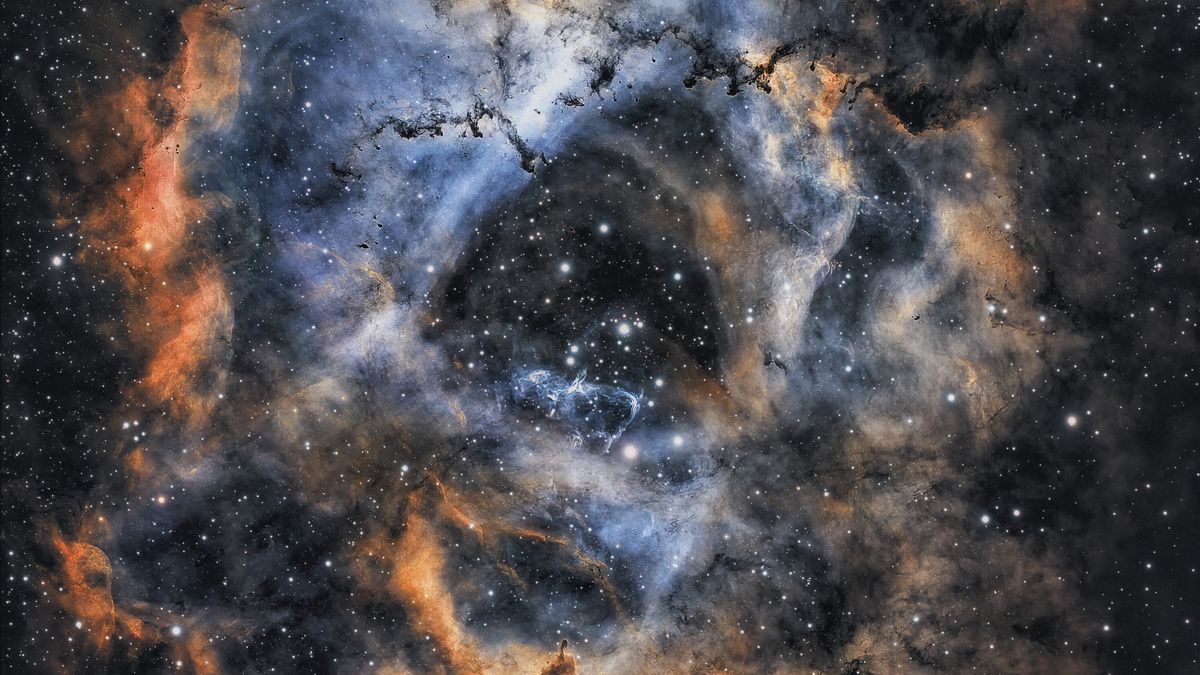UNIVERSE, UNSPECIFIED - 2025/01/03: (EDITORS NOTE: Image is a digital composite.) (EDITOR'S NOTE: Image is a digital composite of images made between December the 28th, 2024 and January the 3rd, 2025.) The Rosette Nebula (also known as Caldwell 49) is an H II region located near one end of a giant molecular cloud in the Monoceros region of the Milky Way Galaxy. The open cluster NGC 2244 (Caldwell 50) is closely associated with the nebulosity, the stars of the cluster having been formed from the nebula's matter. (Photo by Jorge Fernández/LightRocket via Getty Images)
