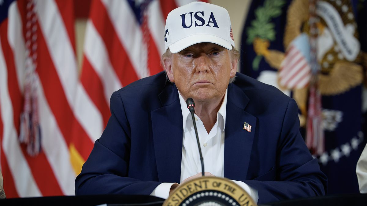KERRVILLE, TEXAS - JULY 11: President Donald Trump participates in a round table event at the Hill Country Youth Event Center to discuss last week's flash flooding on July 11, 2025 in Kerrville, Texas. Trump traveled to Texas one week after flash flooding along the Guadalupe River swept through cities, mobile home parks and summer camps, killing 120 people. Ninety-six of those killed were in Kerr County, where the toll includes at least 36 children. (Photo by Chip Somodevilla/Getty Images)