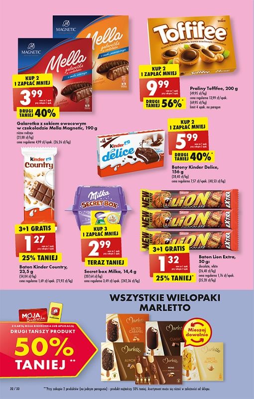Oferta Biedronka od 5.12: galaretka mella, toffifee, kinder country, kinder delice, baton lion, wszystkie wielopaki marletto drugi tańszy 50% taniej