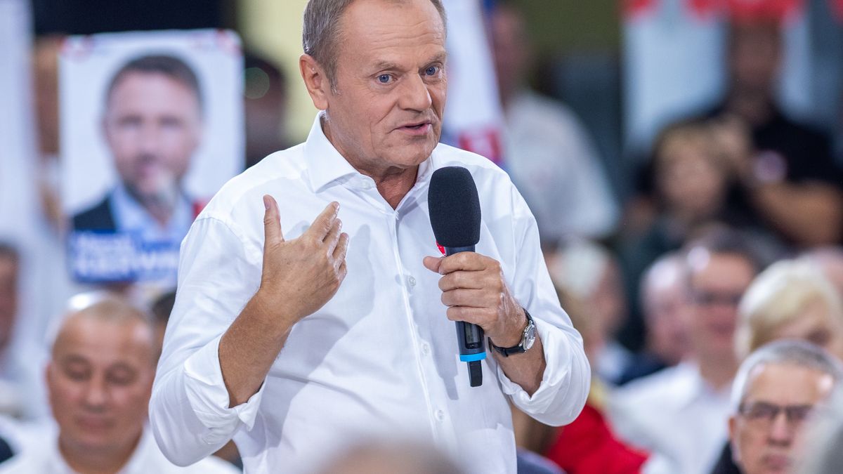 Donald Tusk, chairman of the Civic Platform during a pre-election meeting with residents of Plock, October 07, 2023, Poland


 (Photo by Andrzej Iwanczuk/NurPhoto via Getty Images)