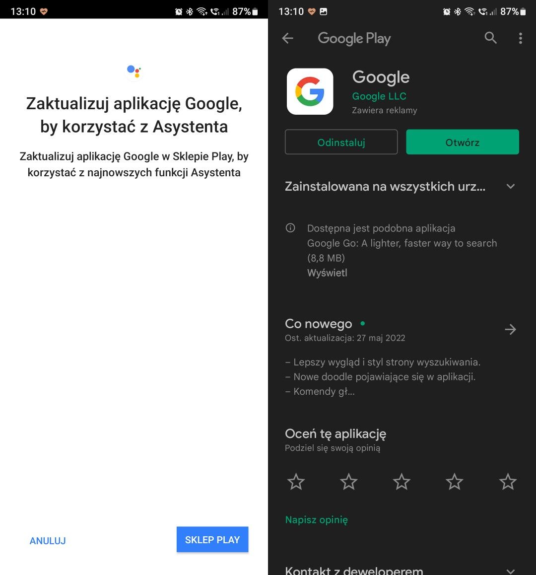 Awaria Asystenta Google. Fala negatywnych komentarzy w Sklepie Play 2