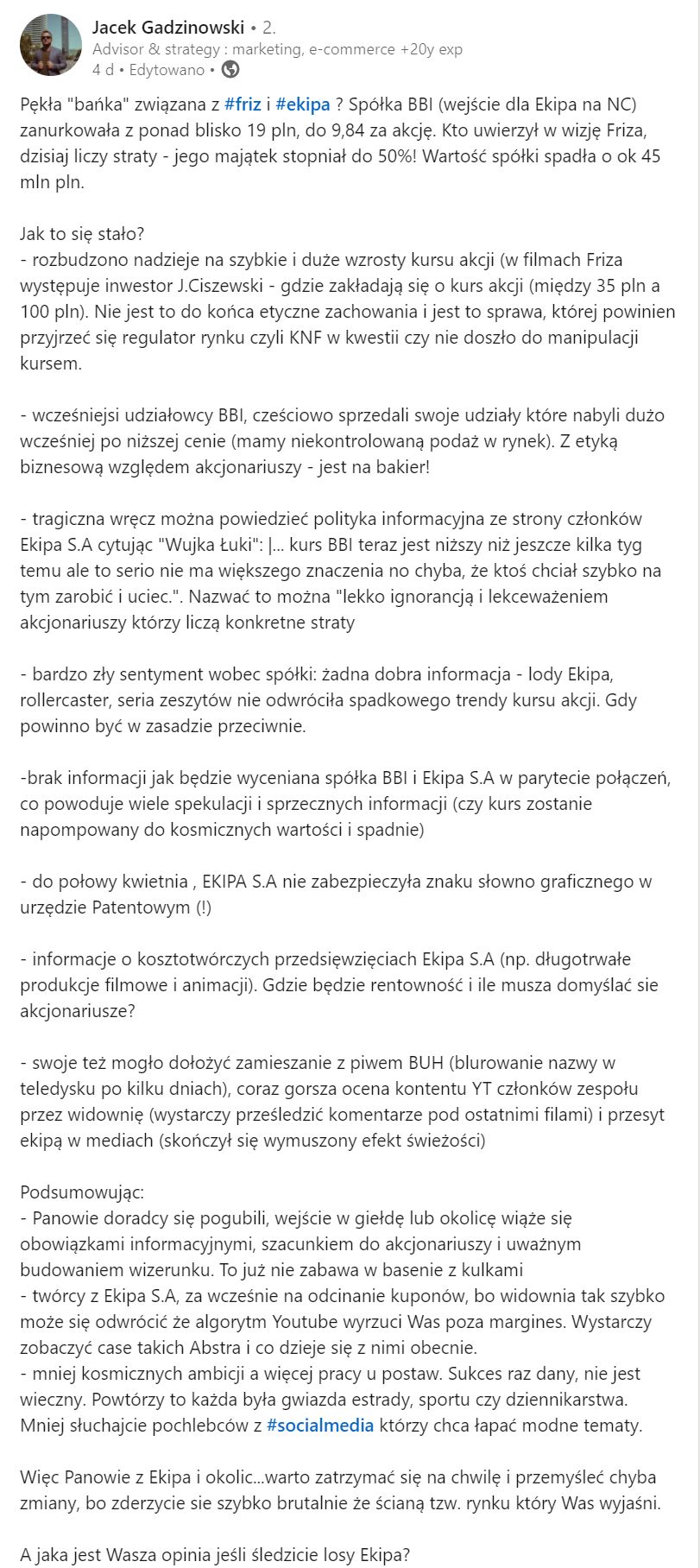 Jacek Gadzinowski o stanie Ekipy