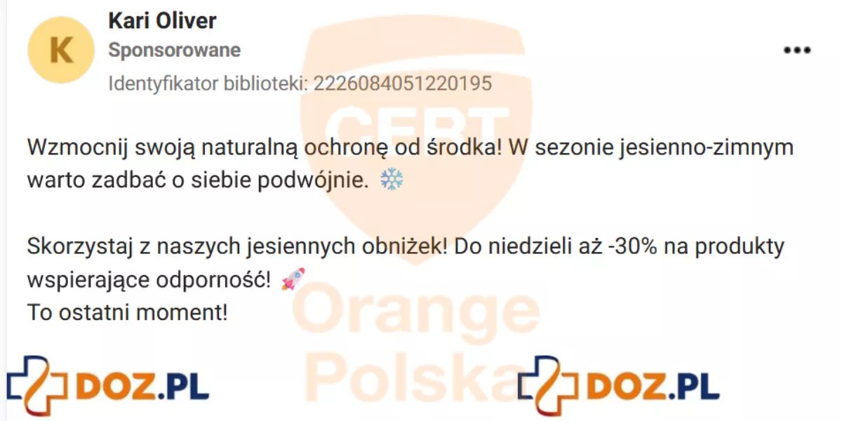 Ogłoszenie fałszywej apteki na Facebooku