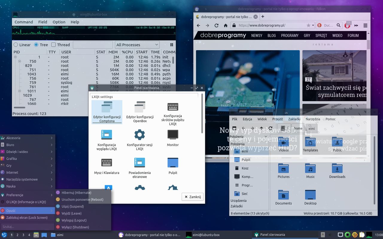 Lubuntu 18.10, widoczna m.in. przeglądarka Falkon i menedżer plików PCManFM