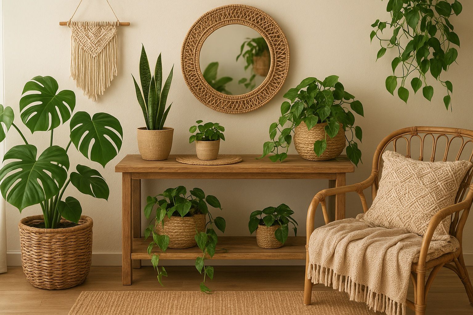 Zielone dekoracje w stylu boho: salon pełen roślin doniczkowych, makram i naturalnych dodatków – ilustracja artykułu