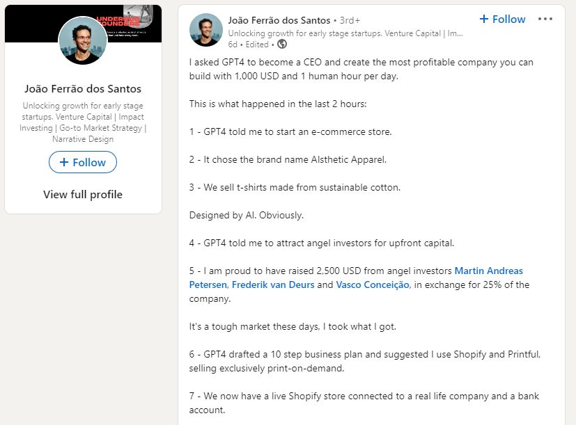 João Ferrão dos Santos założył firmę po to, by mogła nią kierować sztuczna inteligencja GPT-4. Dzień po dniu opisuje poczynania "szefa" na LinkedIn