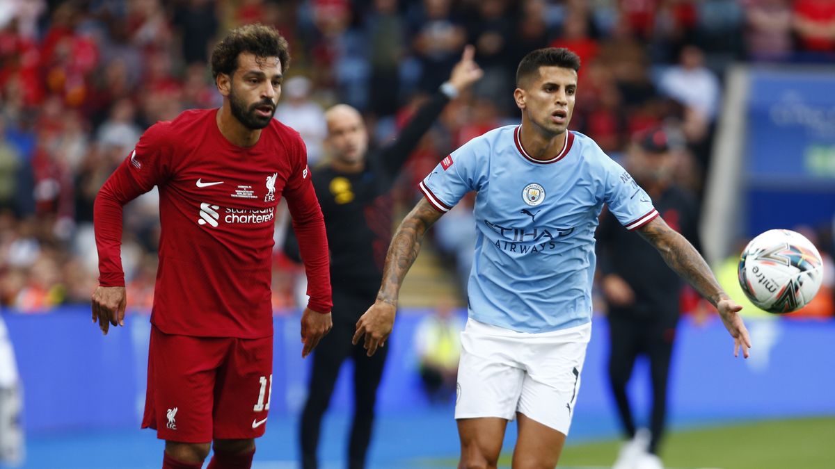 Leicester, United Kingdom - JULY 30 : L-R Liverpool's Mohamed Salah and Manchester City's Joao Cancelo during The FA Community Shield match between Manchester City against Liverpool at King Power Stadium, on 30th July , 2022 at Leicester, United Kingdom.   (Photo by Kieran Galvin/DeFodi Images via Getty Images)