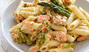 Asparagus and Salmon Penne Pasta on a table close up