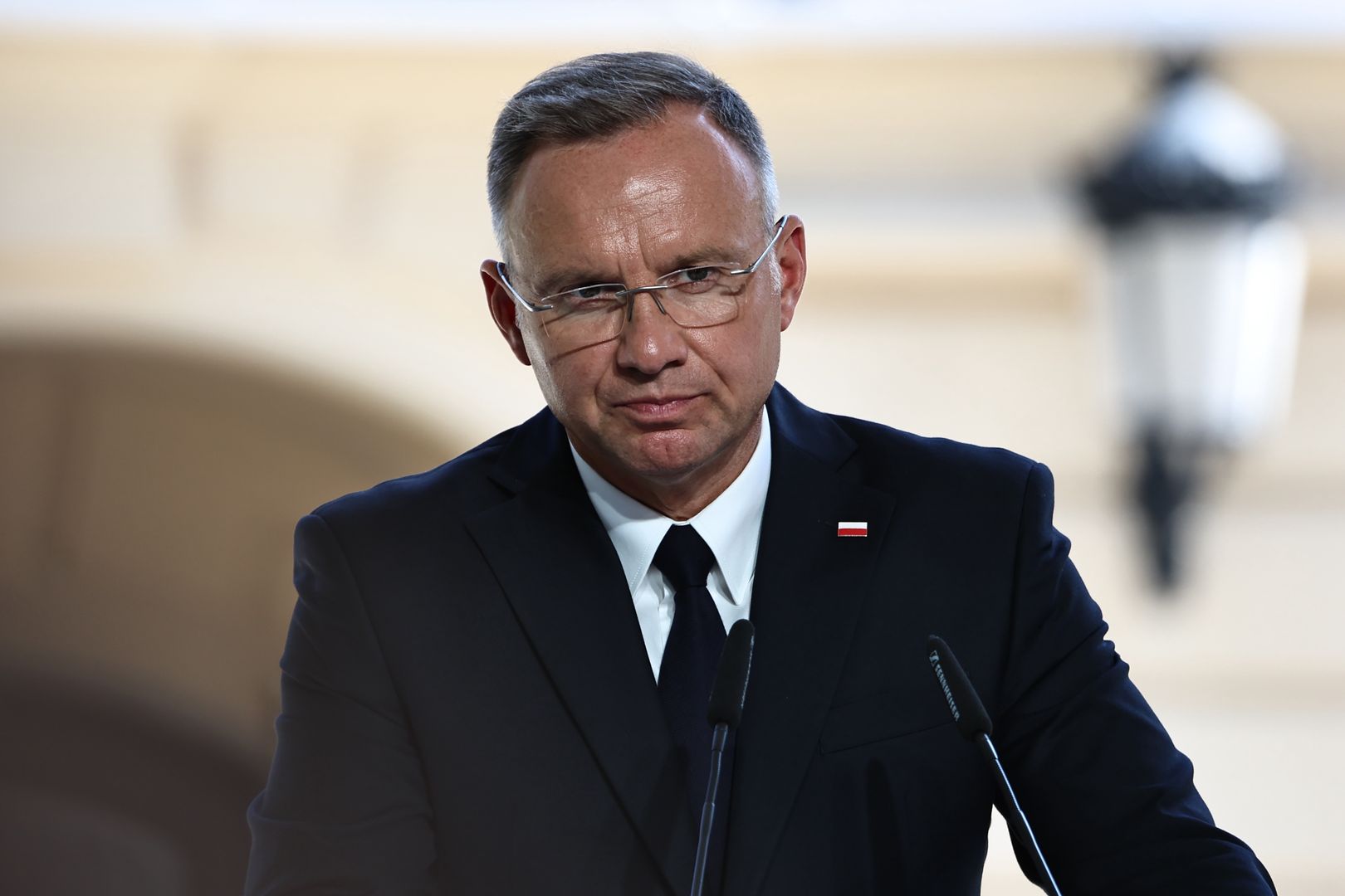 KYIV, UKRAINE - AUGUST 24: Andrzej Duda, President of Poland, takes part in a joint briefing on the 33rd anniversary of the independence of Ukraine on August 24, 2024 in Kyiv, Ukraine. On August 24, Ukraine celebrates its 1991 declaration of independence from the USSR. For security reasons, no large mass events were held in Kyiv on this day, except some solemn activities. (Photo by Yan Dobronosov/Global Images Ukraine via Getty Images)