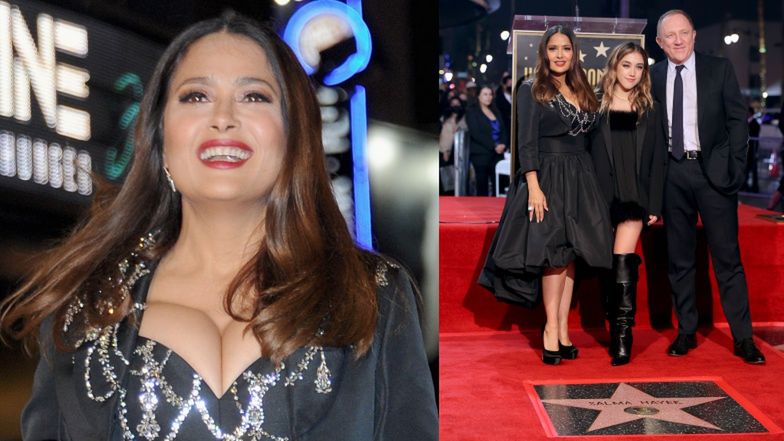 Uradowana Salma Hayek odsłania gwiazdę w Alei Sław w towarzystwie najbliższych