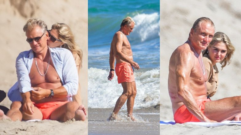Rozgrzany słońcem Dolph Lundgren migdali się z o 38 lat młodszą narzeczoną na plaży w Malibu. Ładna z nich para? (ZDJĘCIA)
