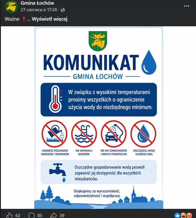Gmina Łochów apeluje o rozważne korzystanie z wody