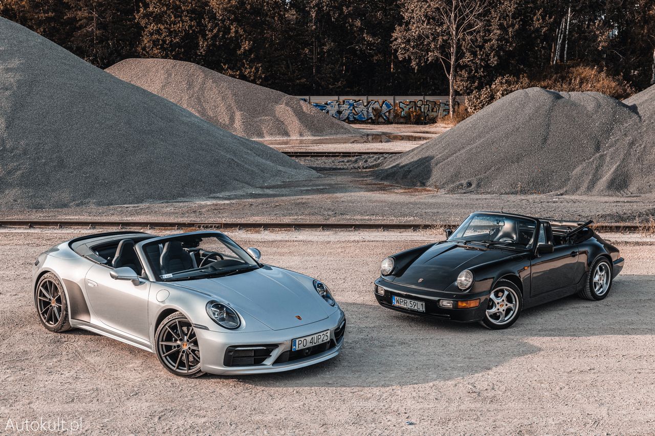 Porsche 911 992 Carrera 4S Cabrio i 911 964 Carrera 2 Cabrio - oto pełne nazwy obu modeli. Trochę dużo liczb, prawda?