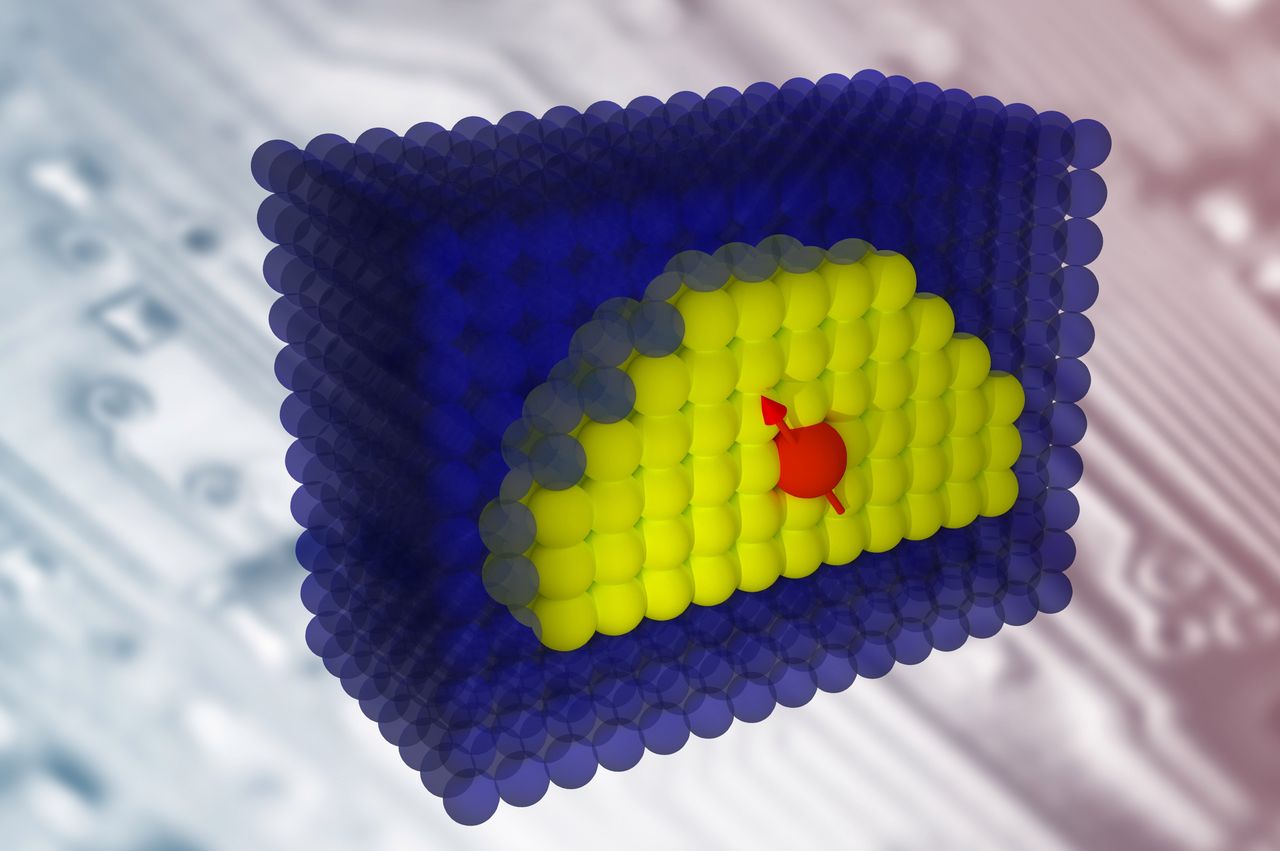 Przekrój kwantowej kropki: jon (czerwony) osadzony jest w krysztale (żółty) otoczonym warstwą półprzewodnika (niebieski)