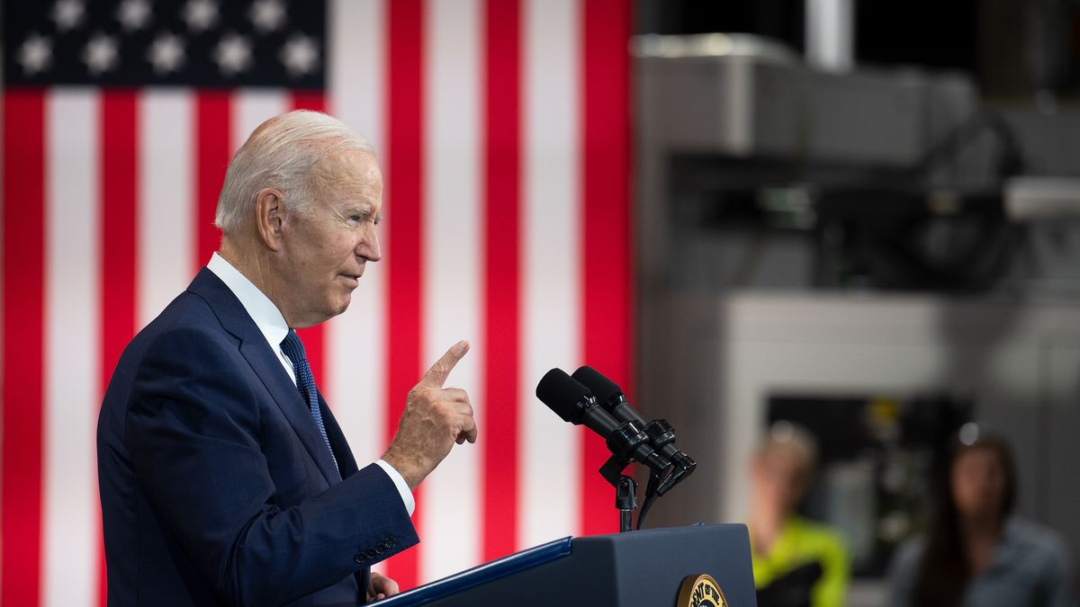 US President Joe Biden speaks at the Volvo Group powertrain manufacturing facility in Hagerstown, Maryland, US, on Friday, Oct. 7, 2022. The US labor market stayed strong in September as the unemployment rate unexpectedly returned to an historic low, leaving the Federal Reserve on course to deliver yet another aggressive interest-rate hike. Photographer: Craig Hudson/Bloomberg via Getty Images