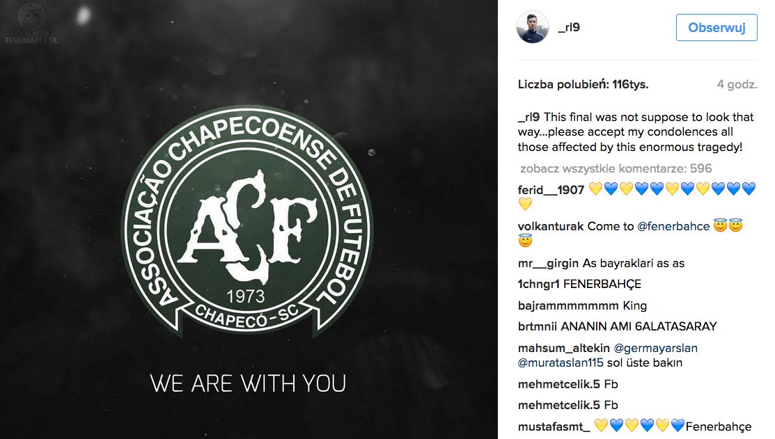 Polscy piłkarza składają hołd zawodnikom drużyny Chapecoense - Instagram