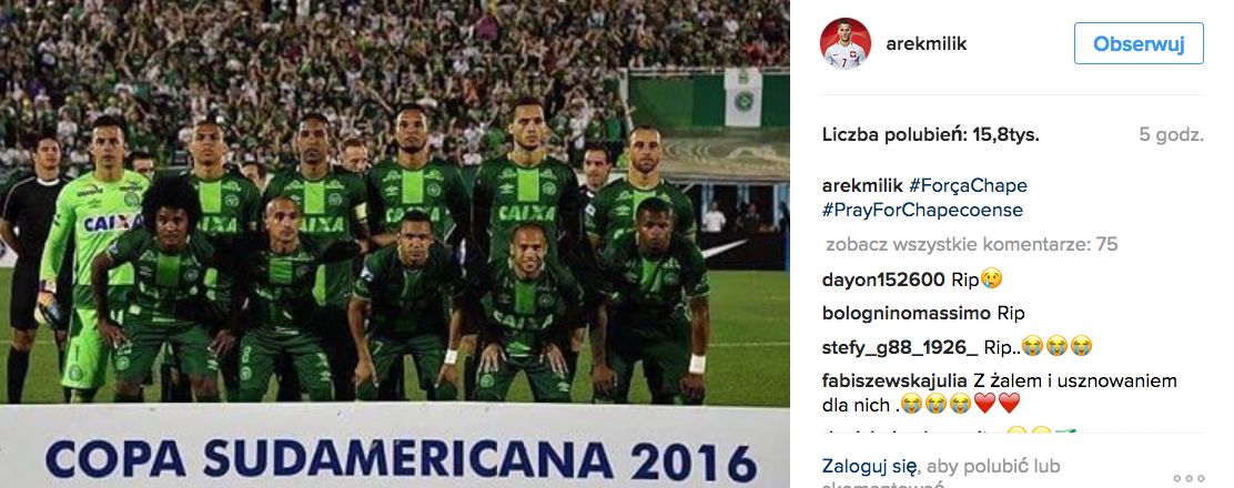 Polscy piłkarza składają hołd zawodnikom drużyny Chapecoense - Instagram