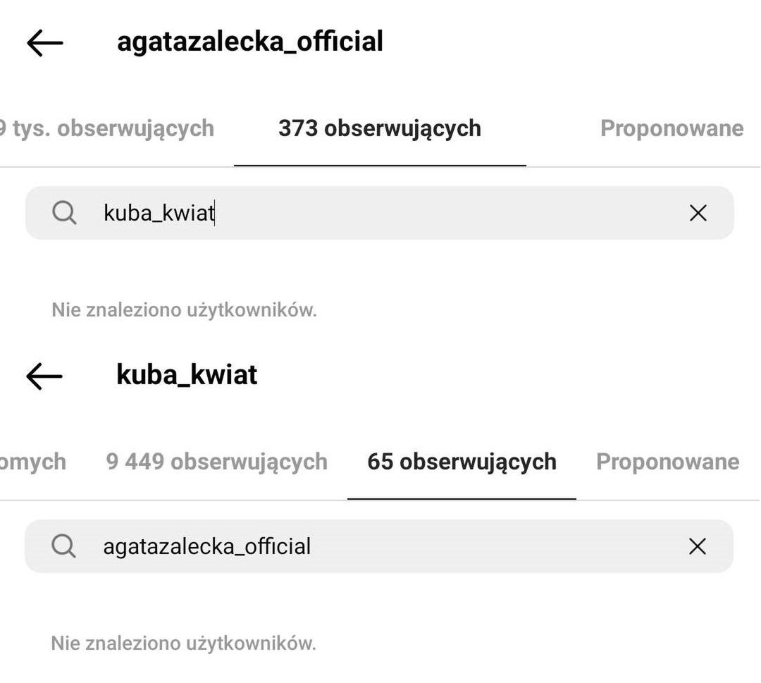 Agata Załęcka i Jakub Kwiatkowski nie obserwują się na Instagramie 