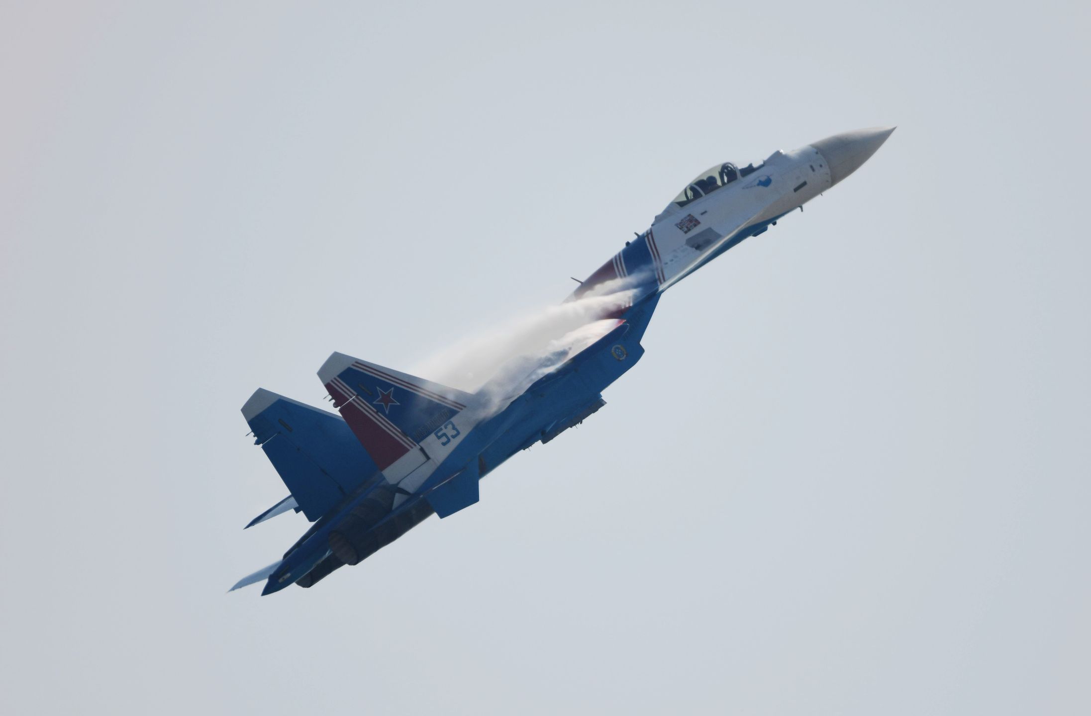 In Zhuhai, China, on November 12, 2024, the Russian Warrior Flight Show Team pilots the Su-35 heavy fighter jet for a flight demonstration at the Zhuhai Air Show during the 15th China International Aviation and Aerospace Exhibition. (Photo by Costfoto/NurPhoto via Getty Images)
