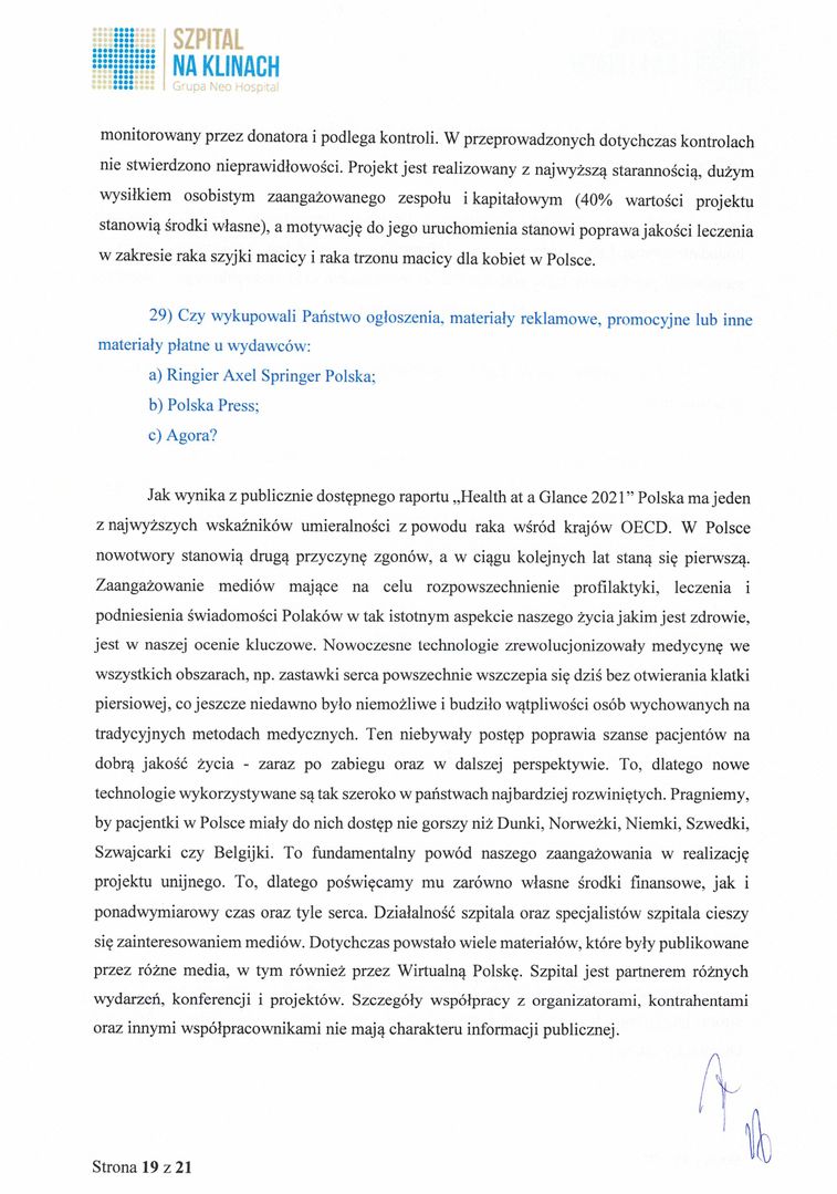 Odpowiedź Szpitala na Klinach na pytania Wirtualnej Polski
