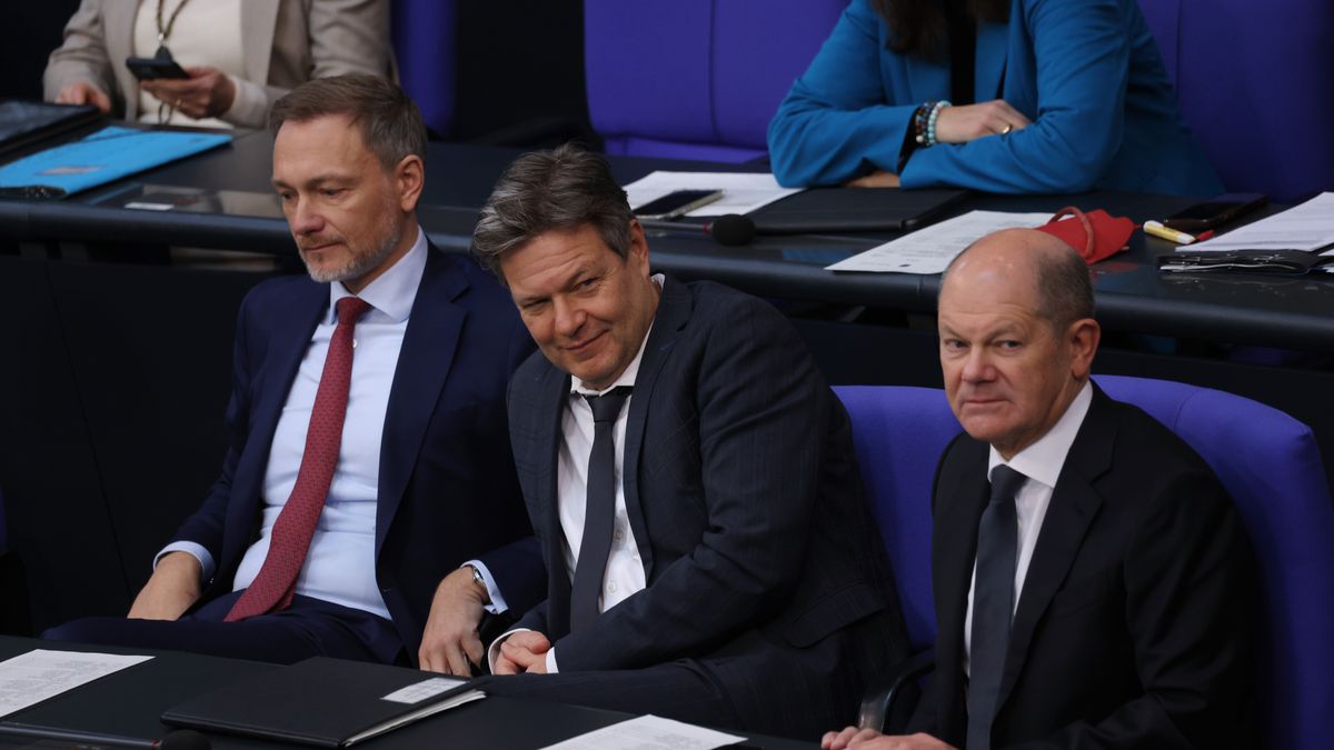 BERLIN, GERMANY - JANUARY 30: German Federal Finance Minister Christian Lindner, (L) Economy and Climate Action Minister Robert Habeck (C) and Chancellor Olaf Scholz attend debates about the 2024 federal budget at the Bundestag on January 30, 2024 in Berlin, Germany. The Bundestag, Germany's parliament, is debating the new budget, which had to be radically curtailed following a Constitutional Court ruling late last year, from today through Friday. (Photo by Sean Gallup/Getty Images)