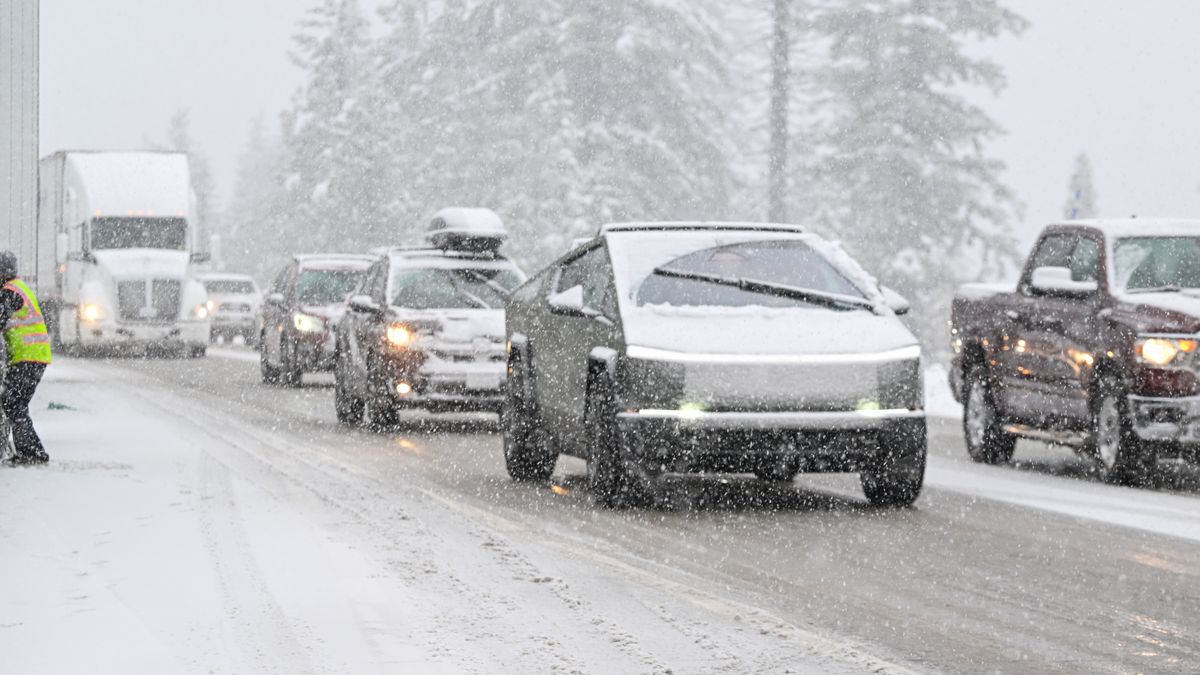 CALIFORNIA, USA - DECEMBER 13: A Tesla Cybertruck is seen as a  massive traffic on eastbound of Highway 80 during heavy snow in town of Camptonville near Truckee, California, United States on December 13, 2024. (Photo by Tayfun Coskun/Anadolu via Getty Images)