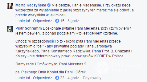 Marta Kaczyńska i Piotr Schramm rozmawiają na Facebooku