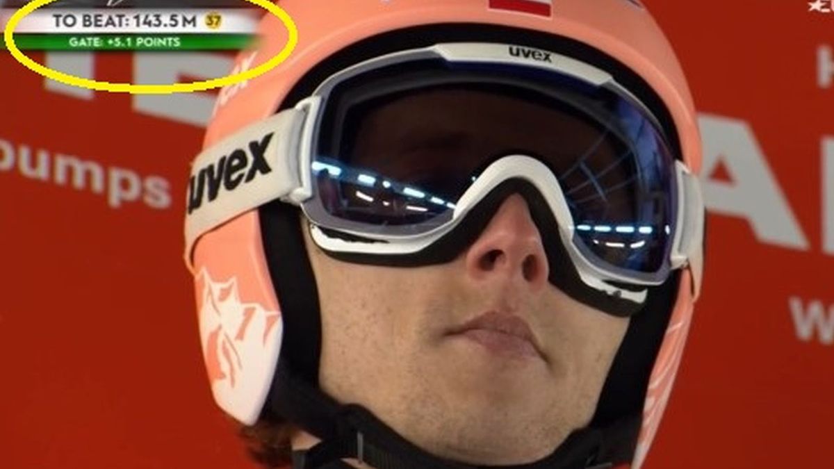 Twitter / Eurosport / Dawid Kubacki przytrzymany na belce startowej