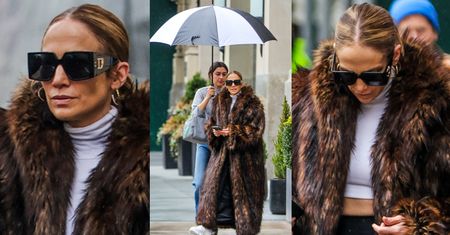 Jennifer Lopez PARADUJE w futrze po deszczowym Nowym Jorku. Parasol niosła za nią asystentka (ZDJĘCIA)