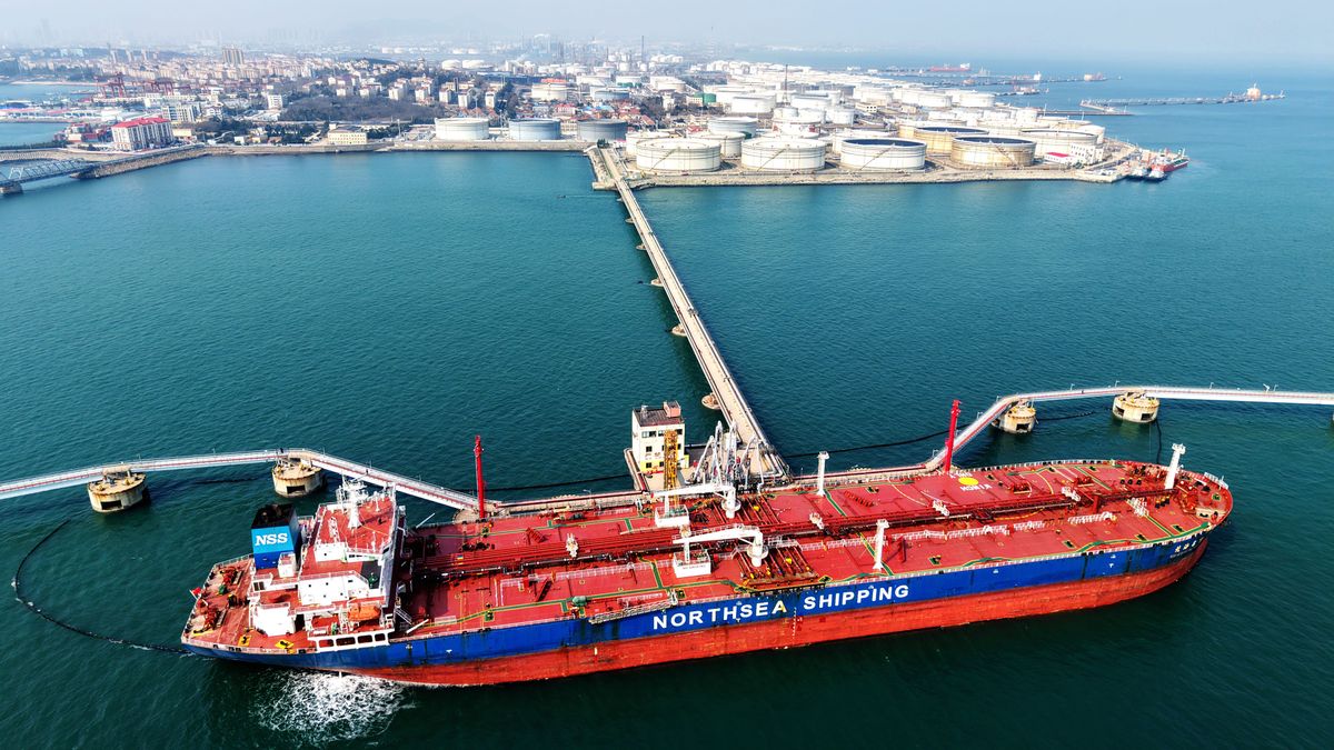 QINGDAO, CHINA - MARCH 10 2026: An oil tanker of Northsea Shipping loads off imported crude at an oil terminal in Qingdao in eastern China's Shandong province, Tuesday, March 10, 2026. (Photo credit should read YU FANGPING/ Feature China/Future Publishing via Getty Images)