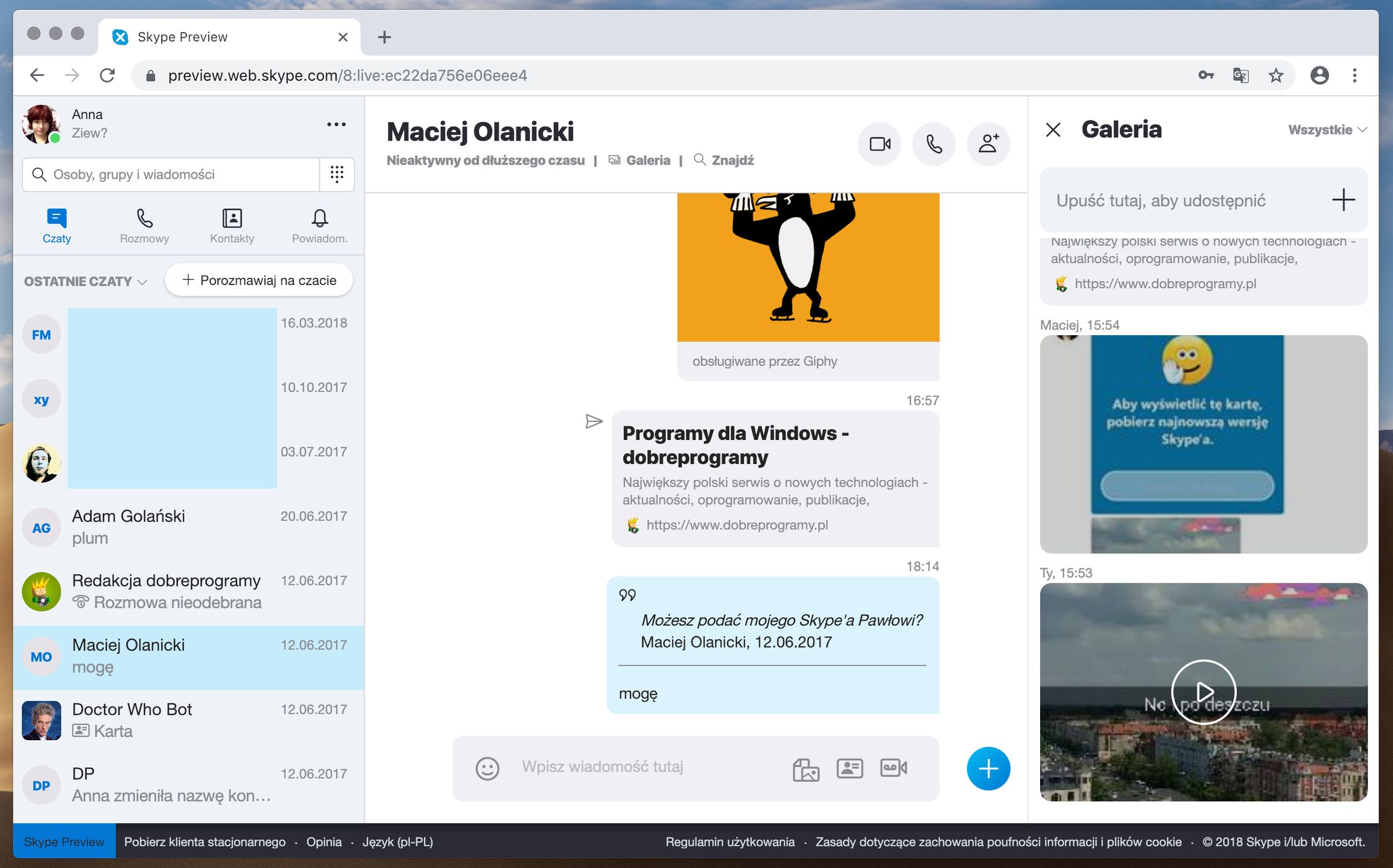 Galeria mediów i linków w Skype for Web