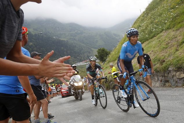 Na zdjęciu Nairo Quintana i Rafał Majka podczas ucieczki na 17. etapie Tour de France 2018. Fot. PAP/EPA/KIM LUDBROOK