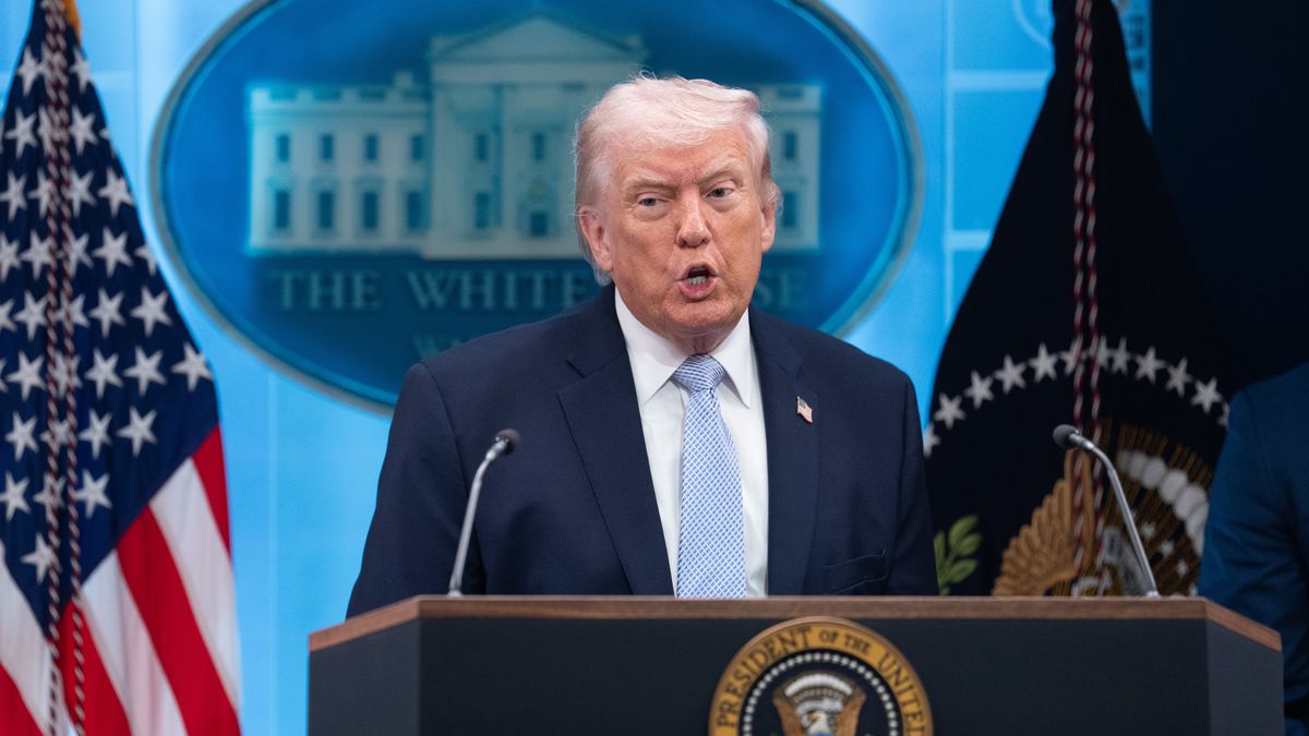US President Donald Trump during a news conference in the James S. Brady Press Briefing Room of the White House in Washington, DC, US, on Monday, April 6, 2026. President Donald Trump said talks with Iran are "going well" ahead of a Tuesday night deadline to agree to a deal, even as he insisted that freedom of navigation through the Strait of Hormuz must be part of any agreement. Photographer: Aaron Schwartz/CNP/Bloomberg via Getty Images