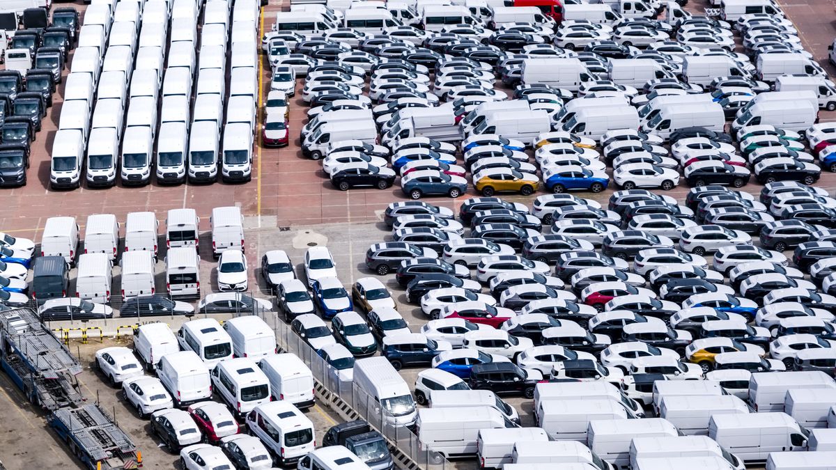 SALERNO, CAMPANIA, ITALY - 2023/05/22: Aerial view of the container harbour in Salerno with cars waiting to be shipped. (Photo by Frank Bienewald/LightRocket via Getty Images)