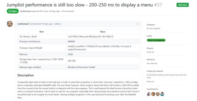 Microsoft bada problem ociężałego paska zadań w Windows 10, co widać po statusie zgłoszenia problemu na GitHubie, fot. Oskar Ziomek.