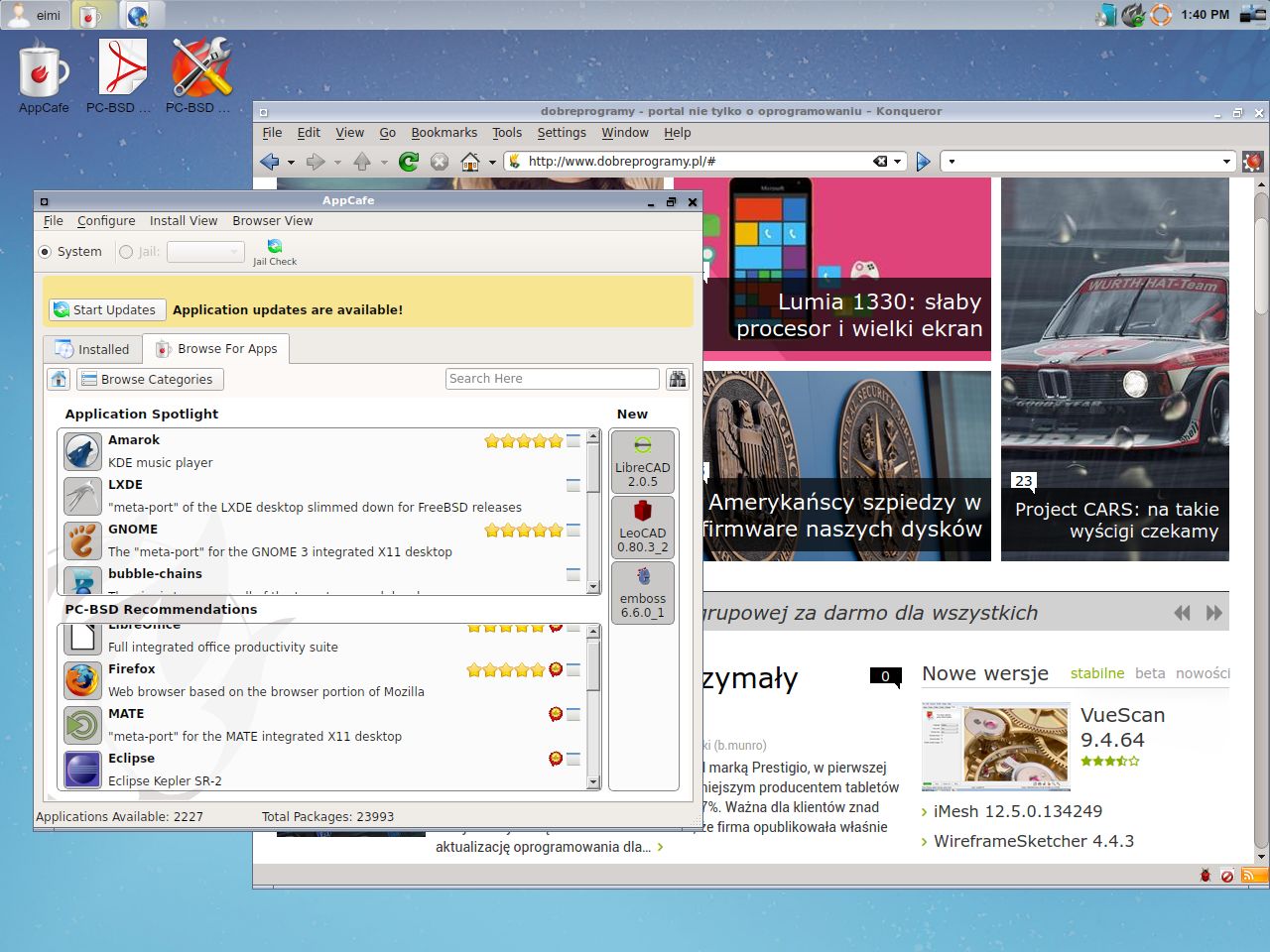PC-BSD z Luminą. Widoczny interfejs AppCafe – menedżera pakietów, który linuksowe menedżery bije na głowę