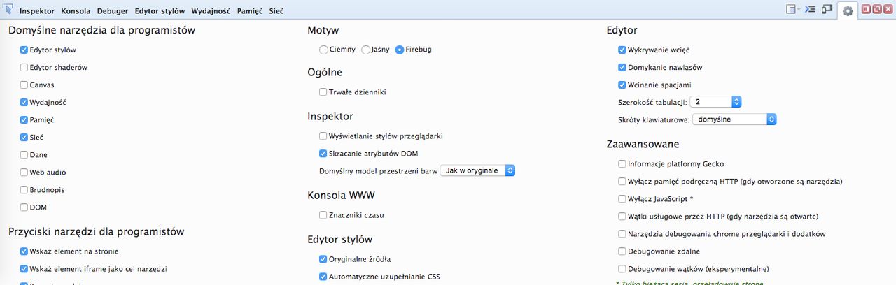 Narzędzia deweloperskie Firefoksa ze skórką Firebug