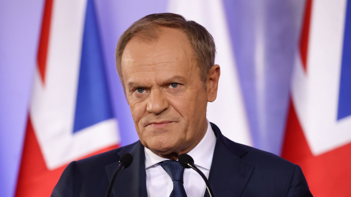 Polish Prime Minister donald Tusk during his meeting with British Prime Minister Rishi Sunak in Warsaw, Poland on April 23, 2024. (Photo by Jakub Porzycki/NurPhoto via Getty Images)