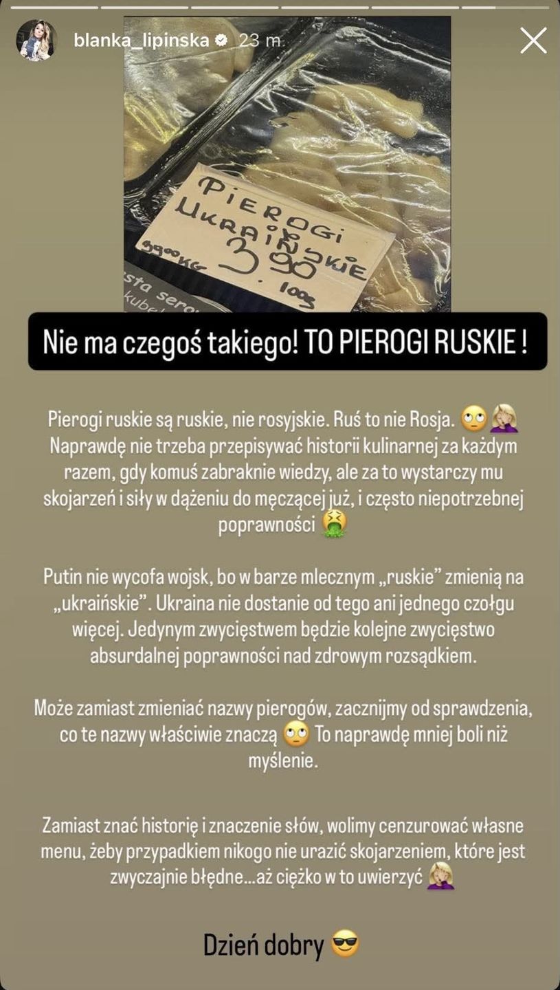 Blanka Lipińska oburzona pierogami ukraińskimi 