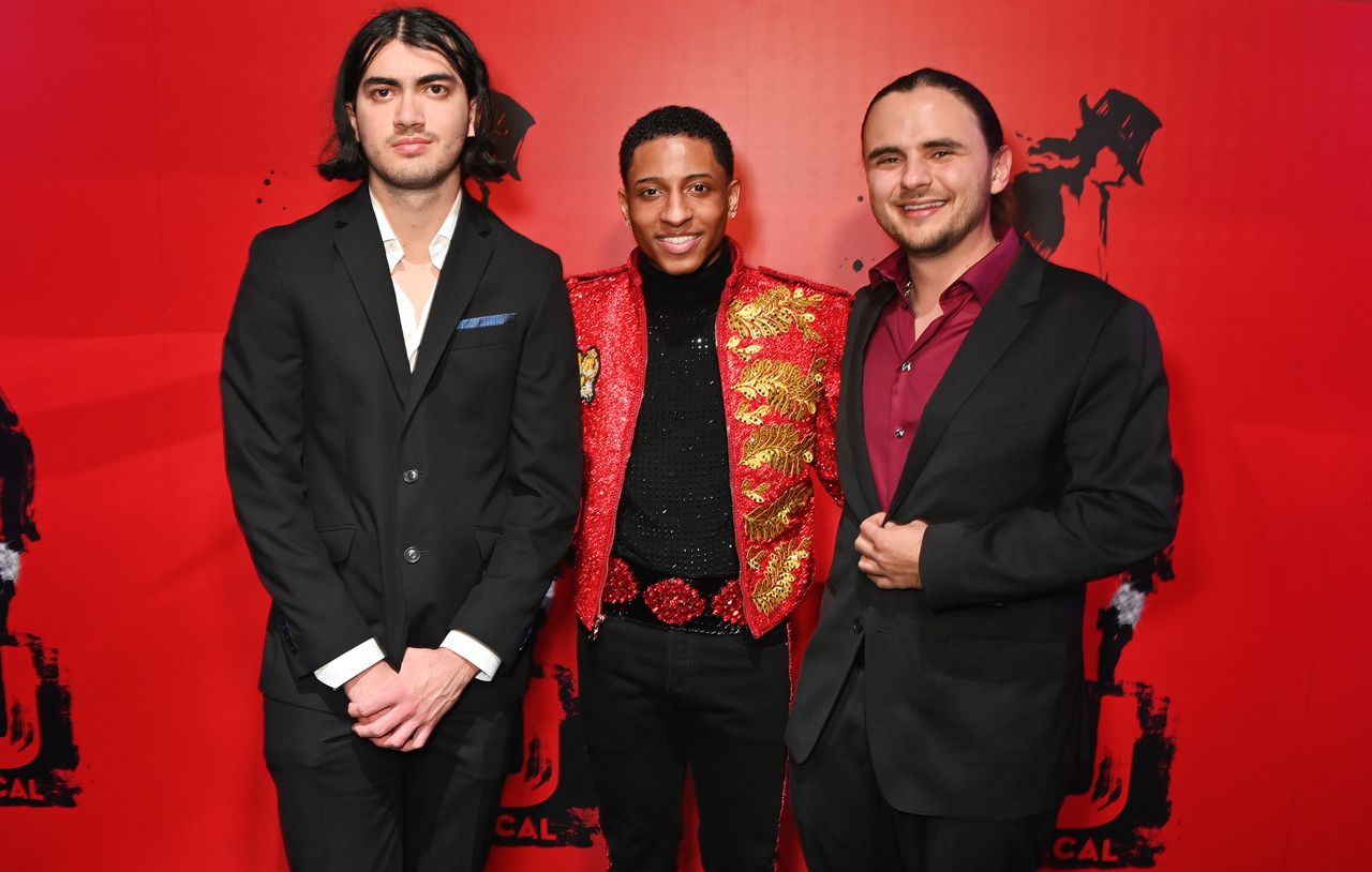 LONDON, ENGLAND - MARCH 27: (L to R) Bigi Jackson aka Blanket Jackson, Myles Frost and Prince Jackson attend the press night after party for "MJ: The Musical" at The Londoner Hotel on March 27, 2024 in London, England. (Photo by Dave Benett/Getty Images)