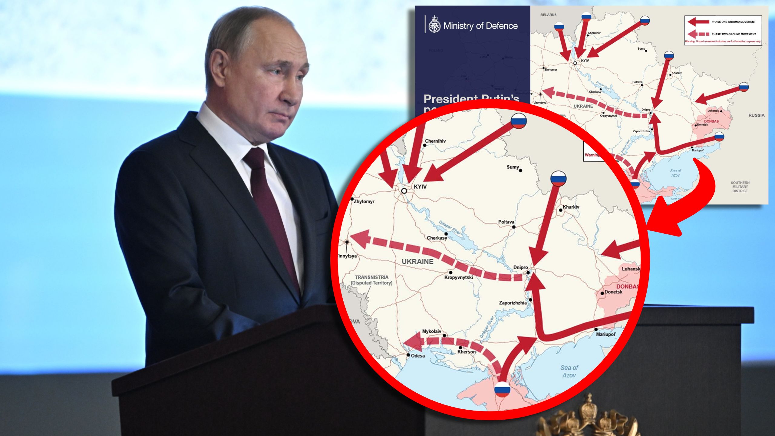 Na zdjęciu Władimir Putin na konferencji prasowej. Obok niego nałożona jest mapa potencjalnej inwazji Rosji na Ukrainę