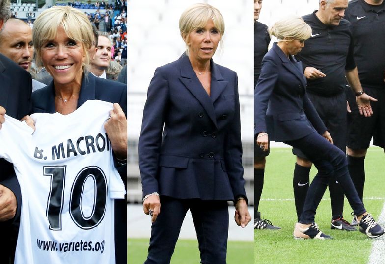 Wesoła Brigitte Macron gra w piłkę na paryskim stadionie